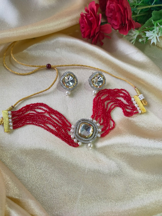 Red Navya Choker Set - Vibrant Colours