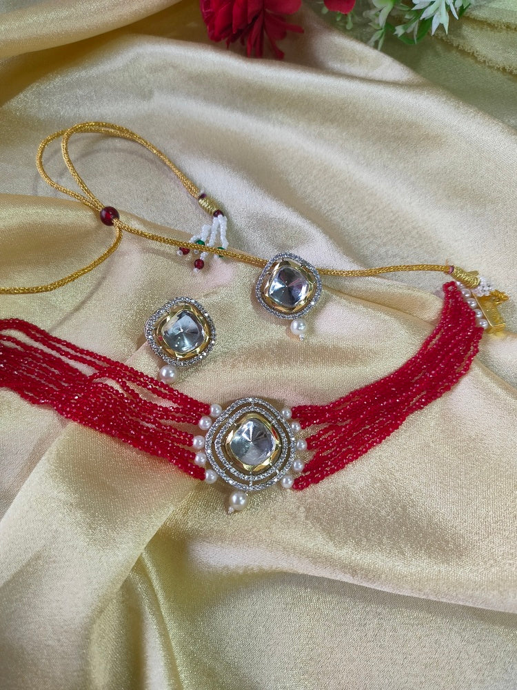 Red Navya Choker Set - Vibrant Colours