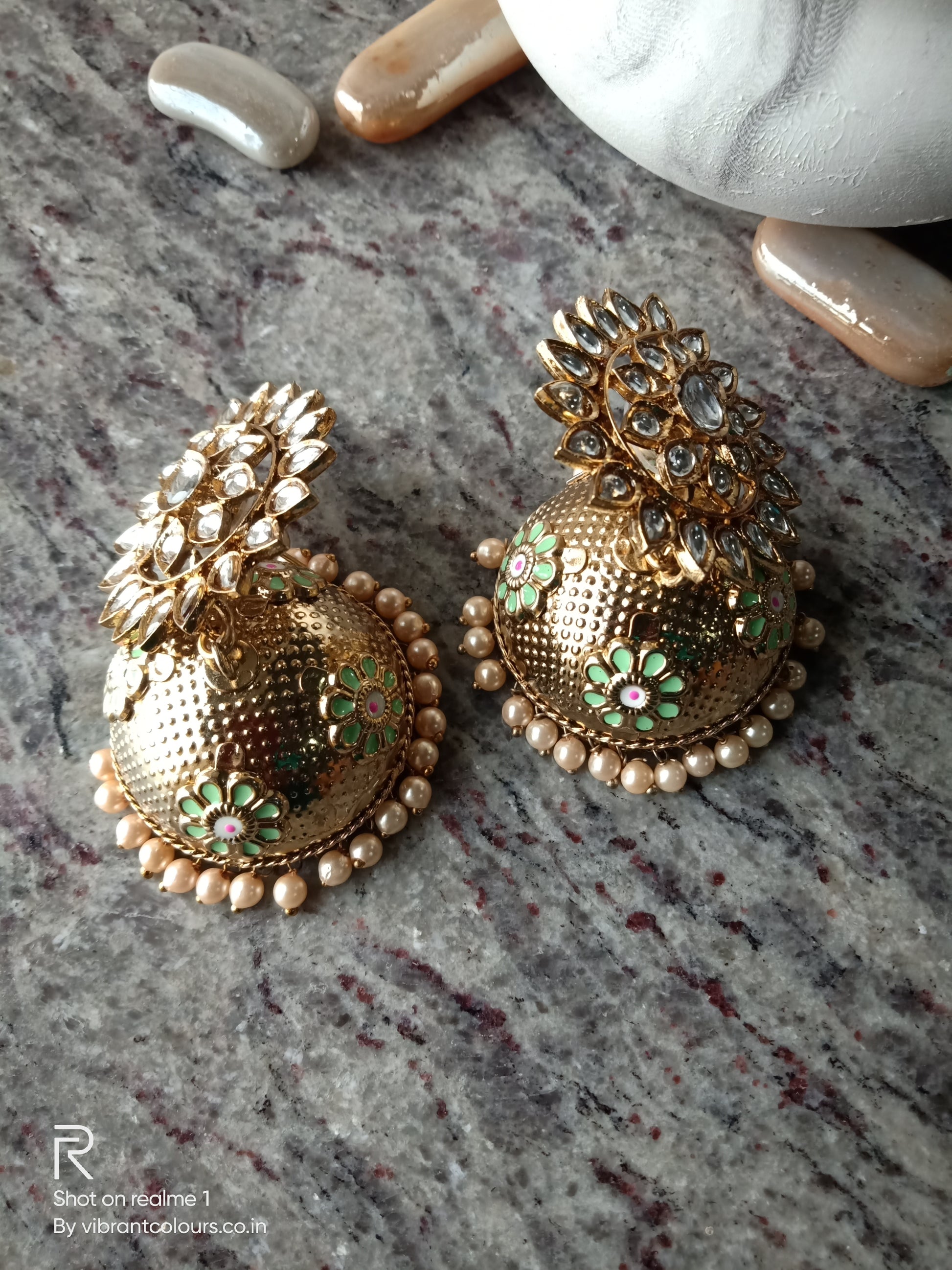 Green Geetika Jhumkis - Vibrant Colours